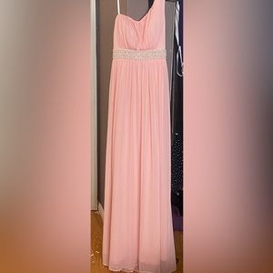 Pink one shoulder prom dress.